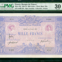 1915年法国1000法郎，编号H.909 670， PMG30，早期的大型钞票，少见