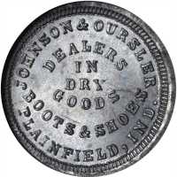 Indiana--Plainfield. 1864 Johnson & Oursler. Fuld-700A-4i. Rarity-8. Tin-Plated. 19 mm. MS-64 (NGC).
