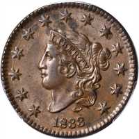 1833 Matron Head Cent. N-2. Rarity-2. MS-62 BN (PCGS).