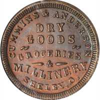 Ohio--Shelby. 1863 Cummins & Anderson. Fuld-805A-3a. Rarity-5. Copper. 19 mm. MS-64 BN (NGC).