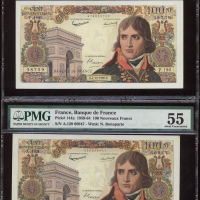 法国银行100法郎2枚一组，1961年编号A.129 66947及1962年编号P.190 58759， 分别评PMG55及PMG53