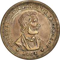 1864 Abraham Lincoln. DeWitt-AL 1864-10. Brass. 30.4 mm. Extremely Fine, but with graffiti in the ob