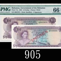 1965年巴哈马50仙正票及样票，两枚。样票九成新，正票评级品1965 The Bahamas Government 50 Cents Specimen & issued, s/ns A000000 