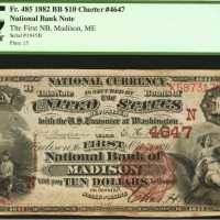 Madison, Maine. $10 1882 Brown Back. Fr. 485. The First NB. Charter #4647. PCGS Very Fine 30.