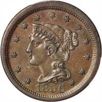 1856 Braided Hair Cent. N-12. Rarity-1. Upright 5. AU-55 (PCGS).