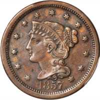 1857 Braided Hair Cent. N-1. Rarity-1. Large Date. Misplaced Date. AU Details--Environmental Damage 