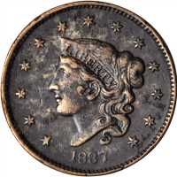 1837 Modified Matron Head Cent. N-15. Rarity-3. Plain Cord, Medium Letters. VF-30 Environmental Dama