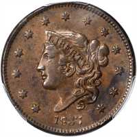 1837 Modified Matron Head Cent. N-3. Rarity-1. Plain Cords, Medium Letters. AU-55 (PCGS).