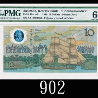 1988年澳洲纪念版塑钞10元，AA字冠世界第一版塑钞1988 Australia $10 Commemorative polymer note, s/n AA15093934. PMG EPQ66 