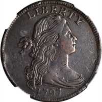1797 Draped Bust Cent. S-132. Rarity-5+. Reverse of 1797, Stemless Wreath. VF-35 BN (NGC).