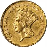 1863 Three-Dollar Gold Piece. AU-55 (PCGS).