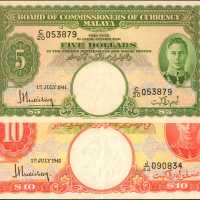 1941年马来亚货币发行局5 & 10元。