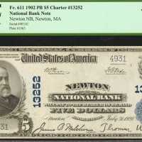 Newton, Massachusetts. $5 1902 Plain Back. Fr. 611. Newton NB. Charter #13252. PCGS Very Choice New 