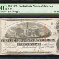T-58. Confederate Currency. 1863 $20. Hammer Cut Cancelled. PMG Choice Uncirculated 64 EPQ.