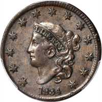 1834 Matron Head Cent. N-1. Rarity-1. Small 8, Large Stars, Medium Letters. AU-50 (PCGS).