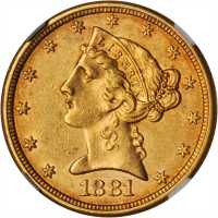 1881 Liberty Head Half Eagle. AU-58 (NGC).