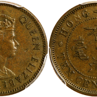1965-KN香港1毫，错边齿，重4.56克，PCGS AU50