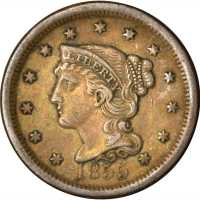 Lot of (5) 1855 Braided Hair Cents. Upright 5s.