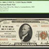 Leonardtown, Maryland. $10 1929 Ty. 2. Fr. 1801-2. The First NB. Charter #6606. PCGS Very Choice New