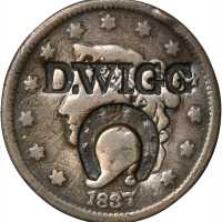 New York--Hyde Park. D. WIGG / (horseshoe) on an 1837 Modified Matron Head cent. Brunk W-571, Rulau-