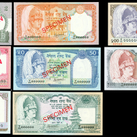 1981-87年尼泊尔贰至壹仟卢比样票一组八枚， Dipendra Purush Dhakai签，均AU-UNC，少见签名