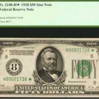 Fr. 2100-H*. 1928 $50 Federal Reserve Star Note. St. Louis. PCGS About New 53.