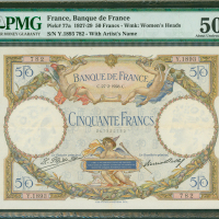 1928年法国银行50法郎，编号Y.1893 782, PMG 50，有针孔