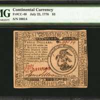 CC-40. Continental Currency. July 22, 1776. $3. PMG Choice About Uncirculated 58 EPQ.