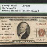 Forney, Texas. $10 1929 Ty. 1. Fr. 1801-1. The Farmers NB. Charter #9369. PMG Very Fine 25.