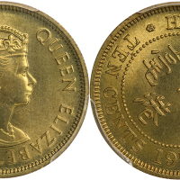 1978年香港1毫，背面图案倒置60度，错体，PCGS MS65