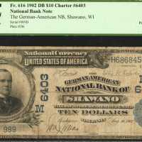 Shawano, Wisconsin. $10 1902 Date Back. Fr. 616. The German-American NB. Charter #6403. PCGS Fine 12