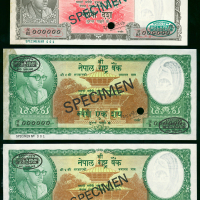 1961年尼泊尔拾，壹佰（两枚）卢比样票一组三枚，Yadav Prasad Pant签，背有贴痕，均AU