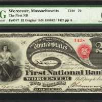 Fr. 387a. Worcester, Massachusetts. $2 Original Series. The First National Bank of Worcester. Charte