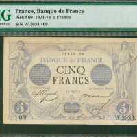 1873年法国银行5法郎，编号W.3033 109, PMG 30，有裂及针孔，罕见年份