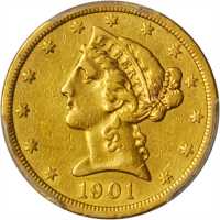 美国1901-S年5美元金币。
