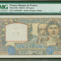 1941年法国银行20法郎，编号A.6783 987, PMG 50