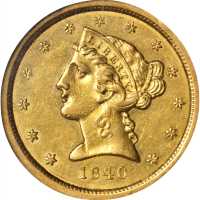 1840 Liberty Head Half Eagle. Broad Mill. AU-58 (NGC).