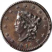 1816 Matron Head Cent. N-2. Rarity-1. AU-58 (PCGS). Gold Shield Holder.