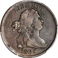 1805 Draped Bust Half Cent. C-1. Rarity-1. Medium 5, Stemless Wreath. VF-30 (PCGS).