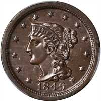1849 Braided Hair Cent. N-22, 6. Rarity-1. MS-64 BN (PCGS).