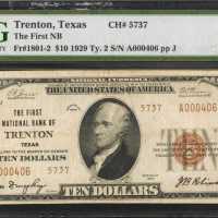 Trenton, Texas. $10 1929 Ty. 2. Fr. 1801-2. The First NB. Charter #5737. PMG Very Fine 25.