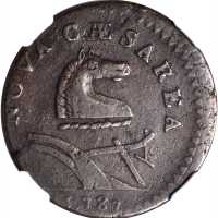 1787 New Jersey Copper. Maris 39-a, W-5195. Rarity-2. No Sprig Above Plow, Outlined Shield. EF-45 BN