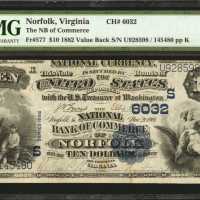 Norfolk, Virginia. $10 1882 Value Back. Fr. 577. The NB of Commerce. Charter #6032. PMG Very Fine 30