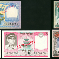 1974年尼泊尔壹，伍，伍拾，壹佰，伍佰卢比样票一组伍枚，Kul Shekhar Sharma签，其中伍卢比为Ganesh Bahadur Thapa签，背有贴痕，均AU-UNC