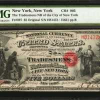 New York, New York. $5 Original. Fr. 397. The Tradesmens NB. Charter #905. PMG Choice About Uncircul