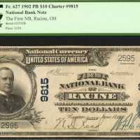 Racine, Ohio. $10 1902 Plain Back. Fr. 627. The First NB. Charter #9815. PCGS Very Fine 25.