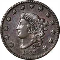 1833 Matron Head Cent. N-4. Rarity-4. VF-20 Cleaned, Recolored.