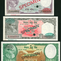 1961年尼泊尔伍，拾，壹佰卢比样票一组三枚，Yadav Prasad Pant签，背有贴痕，均AU-UNC