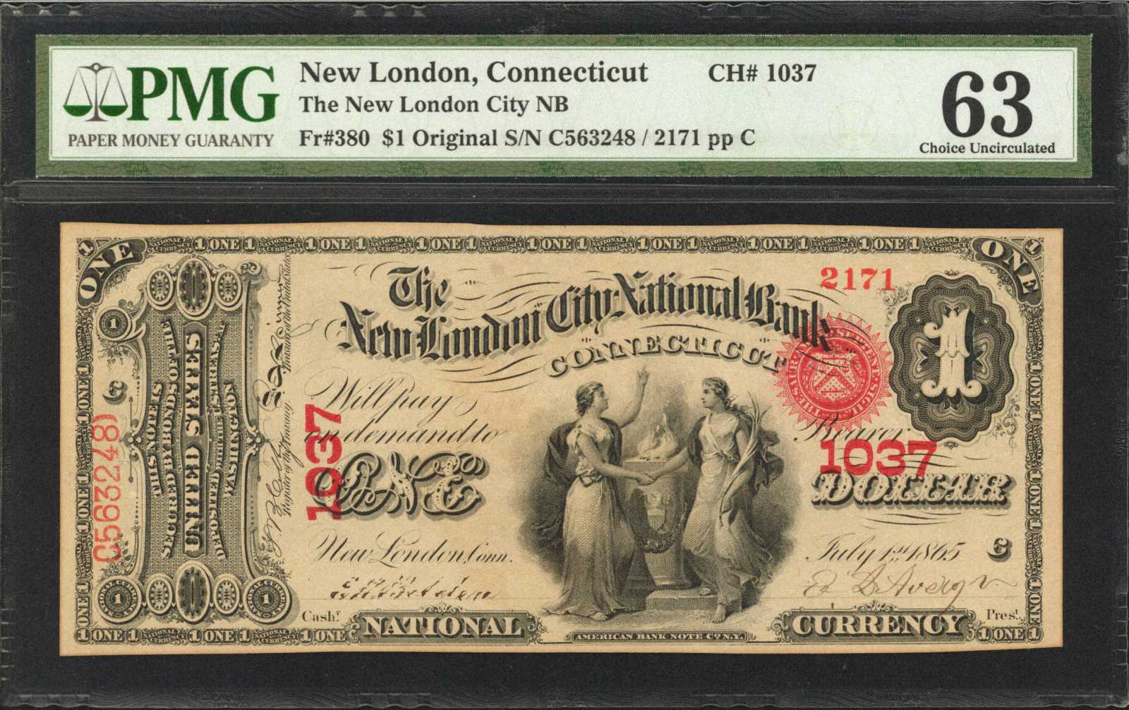 New London, Connecticut. $1 Original. Fr. 380. The New London City NB. Charter #1037. PMG Choice Unc