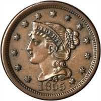 1855 Braided Hair Cent. N-2. Rarity-2. Upright 5s. AU-50.